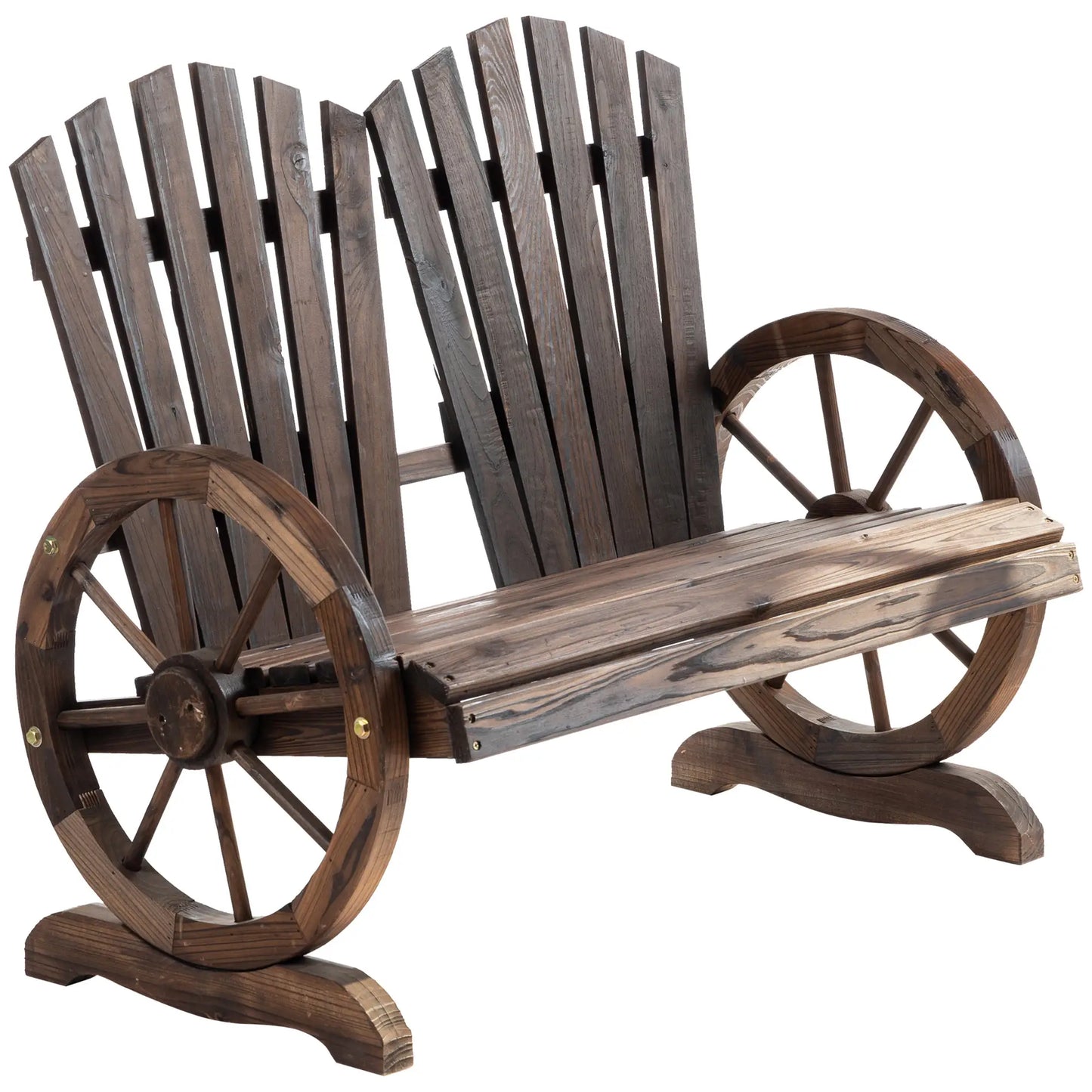 Outdoor Garden Bench, 2-Seat Wooden Patio Bench, Wheel-Shaped Armrests, Carbonized Outdoor Benches at Gallery Canada
