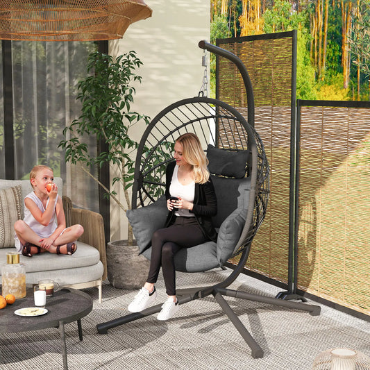 Metal Hanging Egg Chair, Full Body Padded Seat, Grey Patio Swings with Stand Grey, Black at Gallery Canada