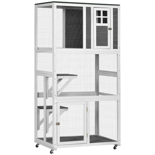 74" Wooden Outdoor Cat House Weatherproof &; Wheeled, Catio Outdoor Cat Enclosure with High Weight Capacity, Kitten Cage Condo, Gray - Gallery Canada