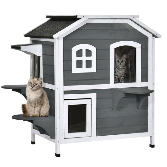 Wood Outdoor Cat House 2-Stories Catio for Cats with Indoor Lounge Space, Fun Entrances, Grey - Gallery Canada