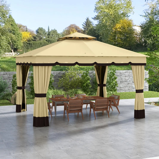 10' x 12' Double Roof Gazebo, Outdoor Canopy with Netting, Curtains Gazebos Beige at Gallery Canada