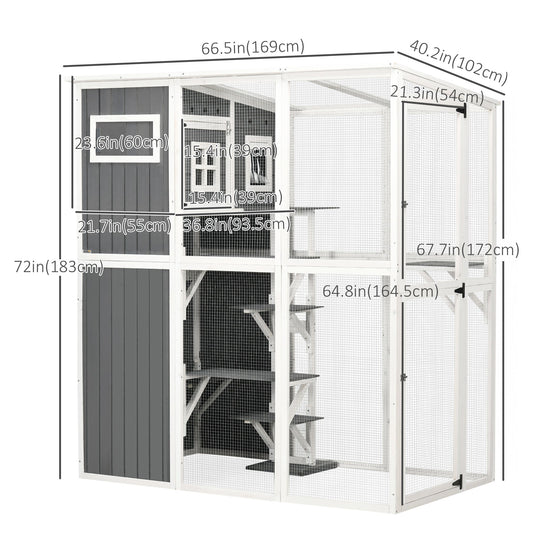 Wooden Cat Catio, 66.5"L Walk in Outdoor Cat House with PVC Weather Protection Roof, Multiple Platforms, Lockable Doors, Resting Condo, Observation Window, for 2 Cats at Gallery Canada