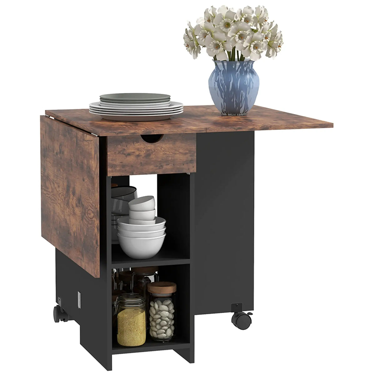 Table à Manger Pliante, À Abattant avec Tiroir, Étagères, Brun Rustique, Marron
