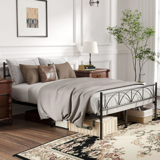 Metal Full Platform Bed Frame, Headboard, Steel Slat Support, Underbed Storage Bedroom Furniture Black at Gallery Canada