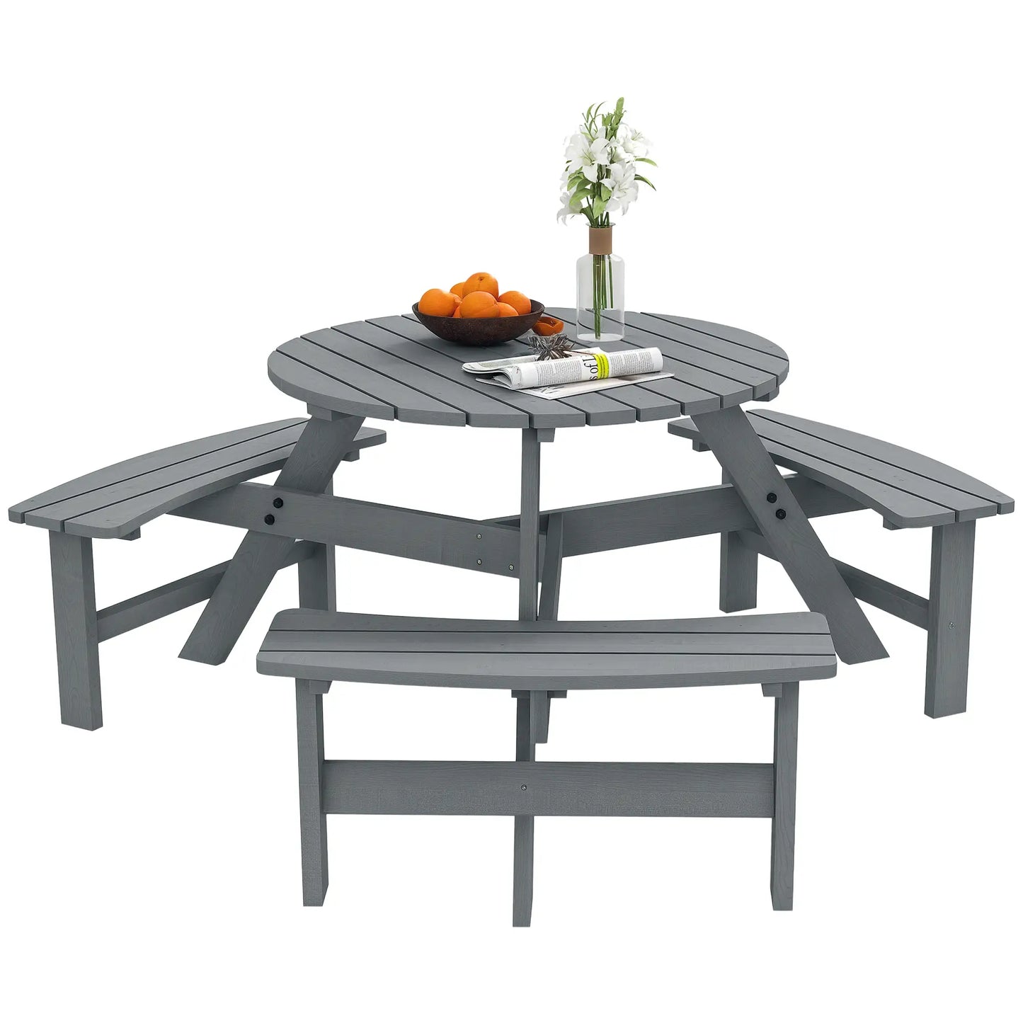 6 Person Round Picnic Table, With Umbrella Hole, 3 Built-in Benches, Grey Outdoor Dining Sets at Gallery Canada
