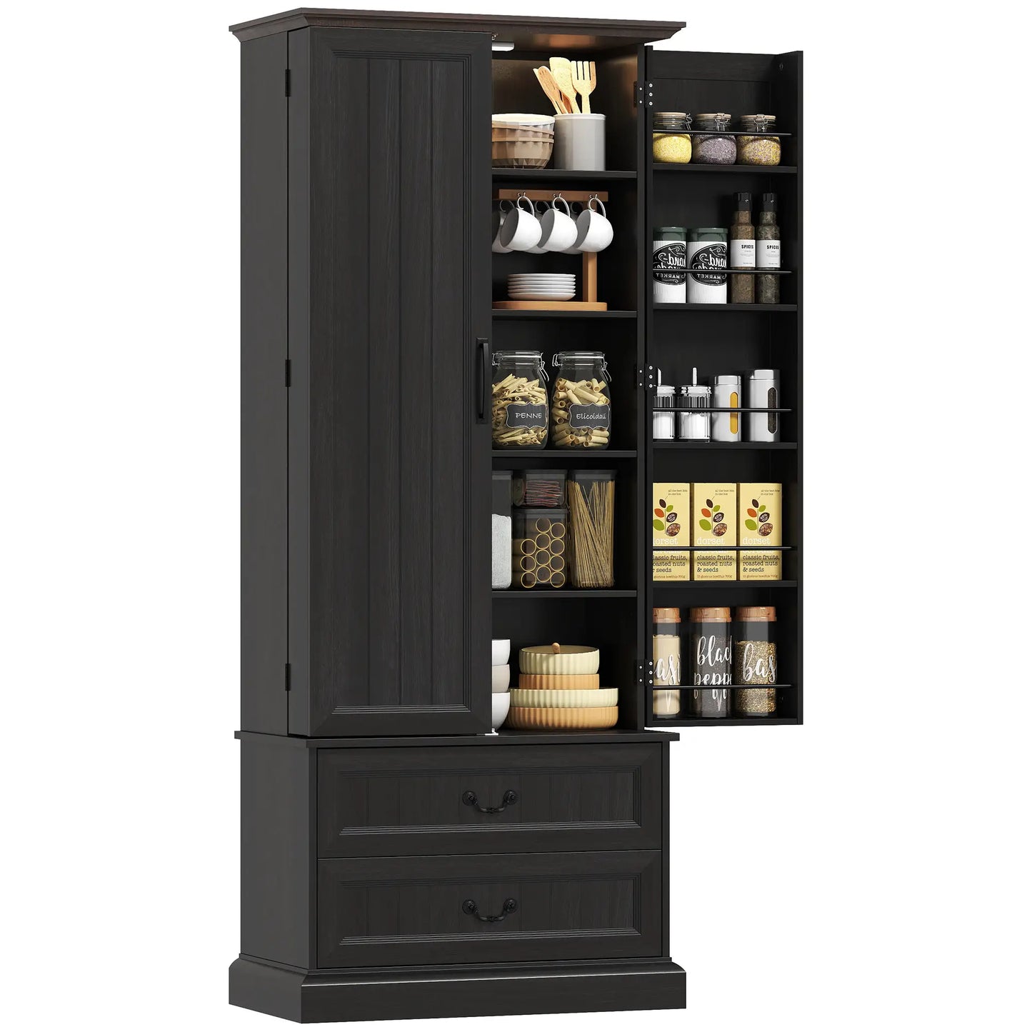 72 Inch LED Kitchen Pantry Cabinet, 10 Shelves, 2 Drawers, Black Kitchen Pantry Cabinets at Gallery Canada