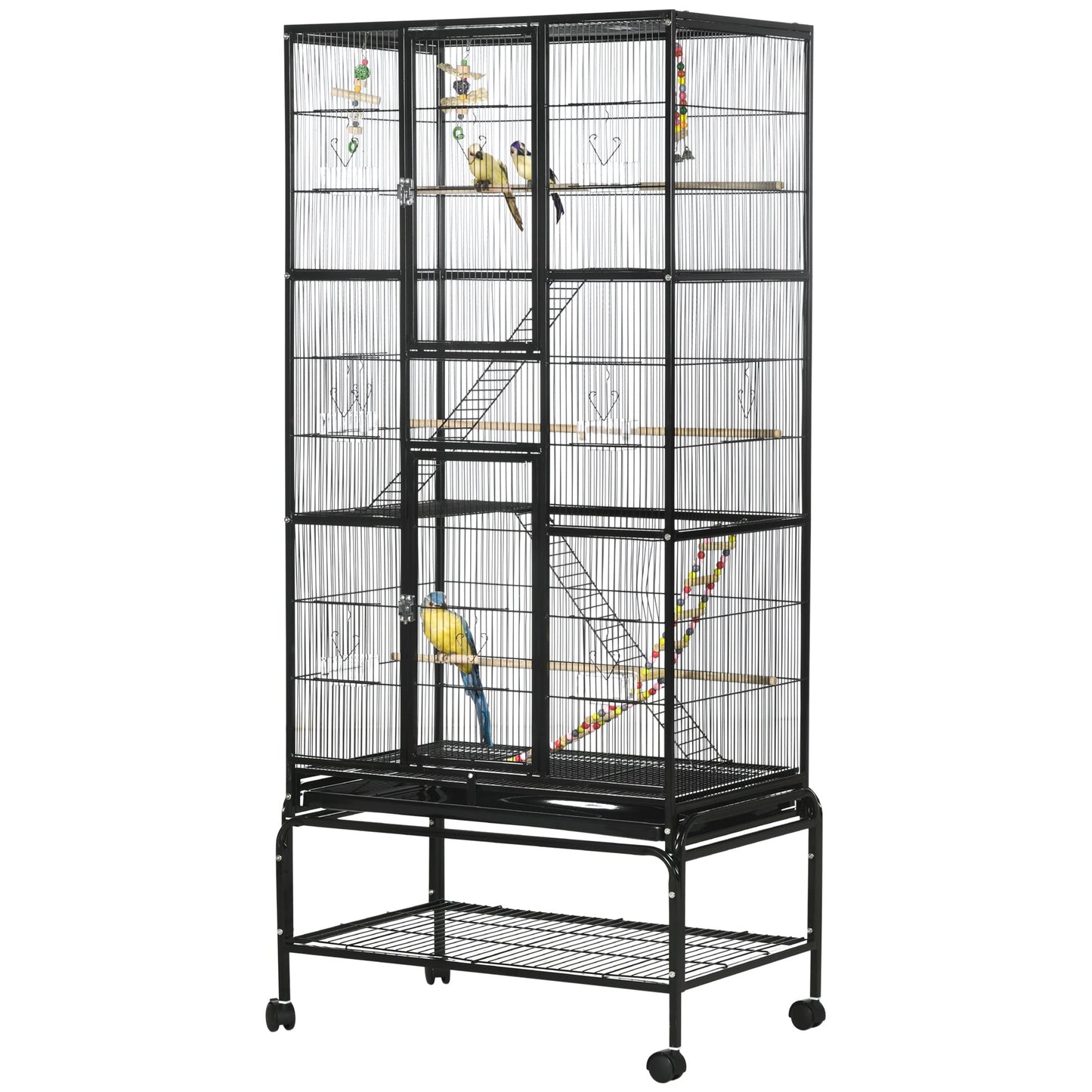 71" Bird Cage with Wheels Perches, Ramp, Storage Shelf, Toys for Canaries, Finches, Cockatiels, Parakeets, Black at Gallery Canada