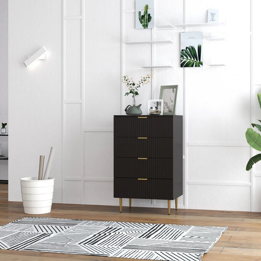 Modern 4 Drawer Dresser, Black with Gold Legs, Bedroom Chest, Black, Gold
