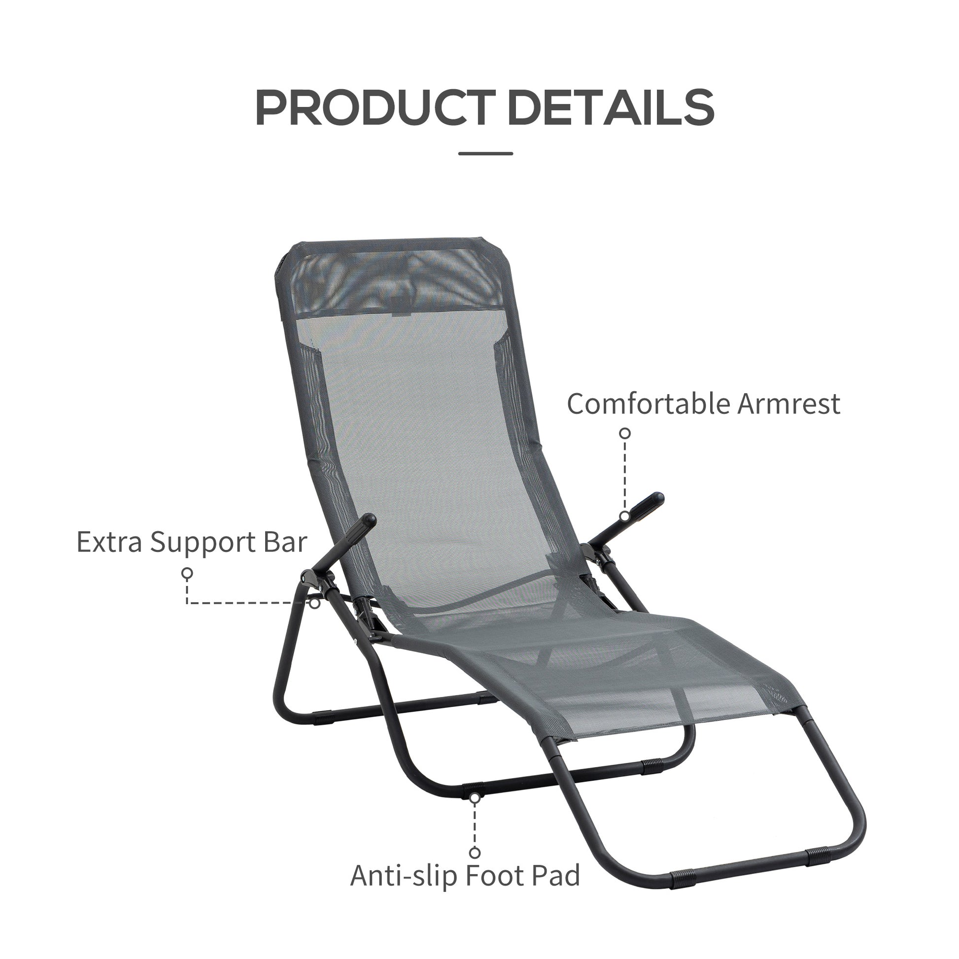 Foldable Patio Lounge Chair, Outdoor Beach Lounger with Breathable Mesh Fabric, Zero Gravity Chair with Reclining, Footrests, and Armrests, for Garden, Pool, Grey at Gallery Canada