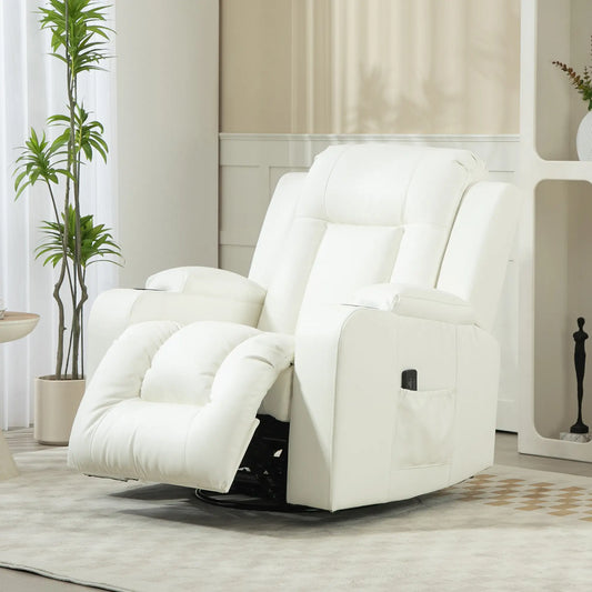 Swivel Massage Recliner Chair, Manual Rocker, PU Leather, Cream White Single Sofas Cream at Gallery Canada