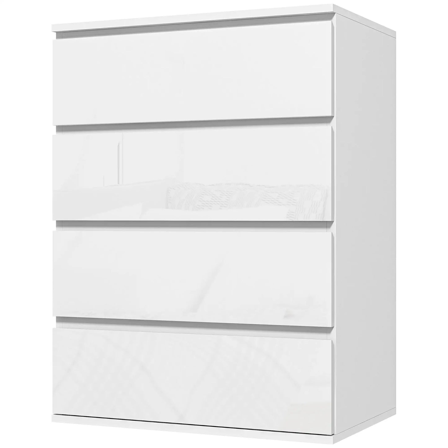 Armoire à 4 tiroirs, Haute brillance, Coffre de chambre, Coulisses en métal, Blanc