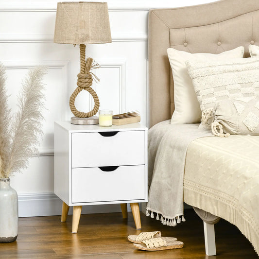Modern Bedside Table, Nightstand with 2 Drawers, Pine Wood Legs, White Bedside Tables White at Gallery Canada