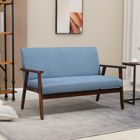 Compact Loveseat Sofa, Linen Fabric, Double Seat, Rubber Wood Legs, Blue 2-Seater Sofas Blue, Coffee at Gallery Canada