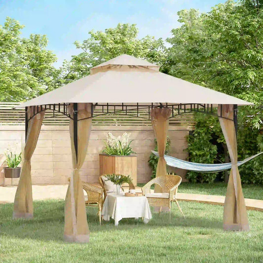 10' x 10' Double Tier Garden Gazebo, Water-Resistant, Anti-UV, Beige Gazebos Beige and Black at Gallery Canada