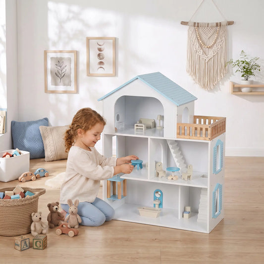 Wooden Doll House with Elevator, 5 Rooms, 13 Accessories, Blue Play Houses Multi Colour at Gallery Canada