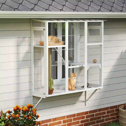 Wooden Catio Outdoor, Cat Window Box Enclosure, White Outdoor Cat Enclosures White at Gallery Canada