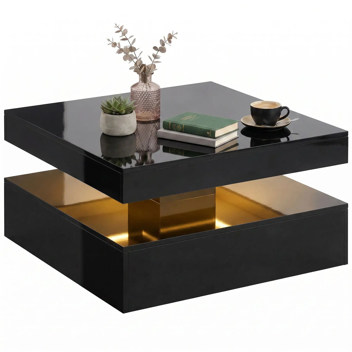 LED Coffee Table with Storage, 2-Tier Modern Center Table with Open Shelf and Remote for Living Room, High Gloss Black
