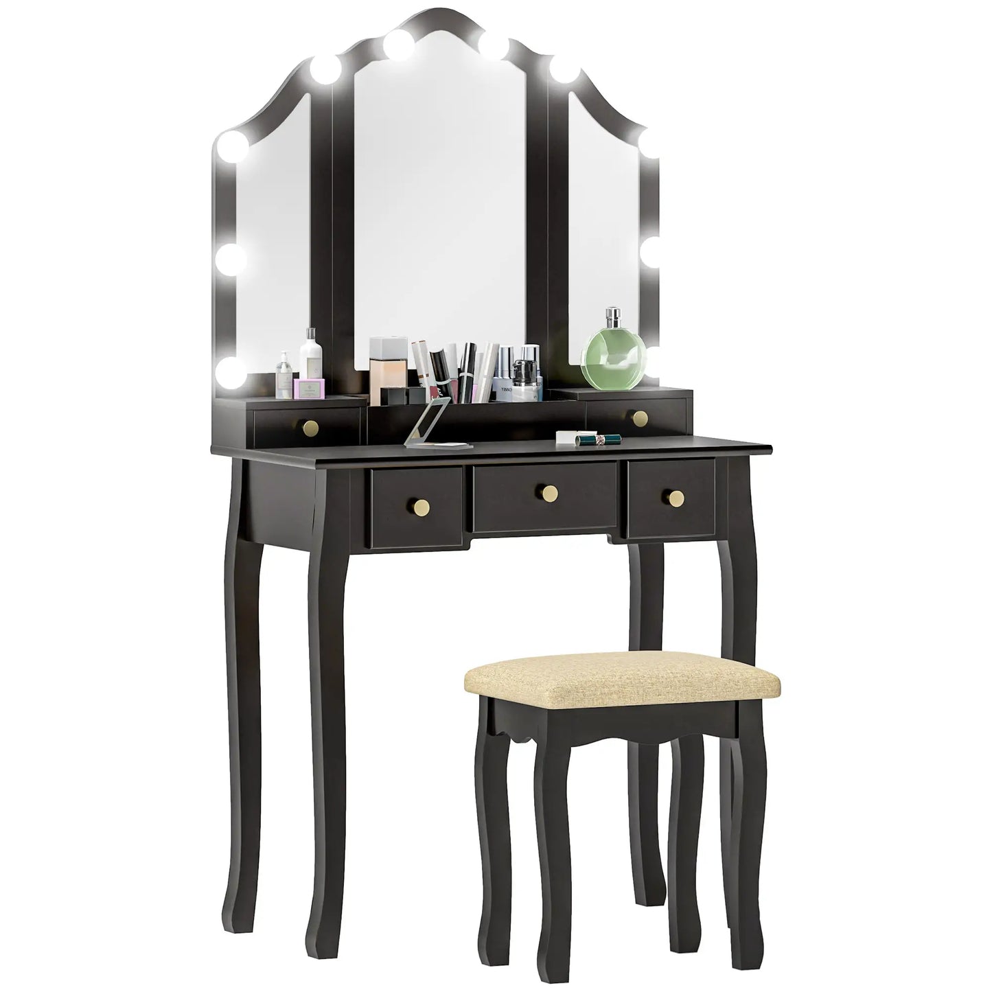 Makeup Vanity Desk with Mirror, Stool, 10 LED Lights, Black Dressing & Vanity Tables at Gallery Canada