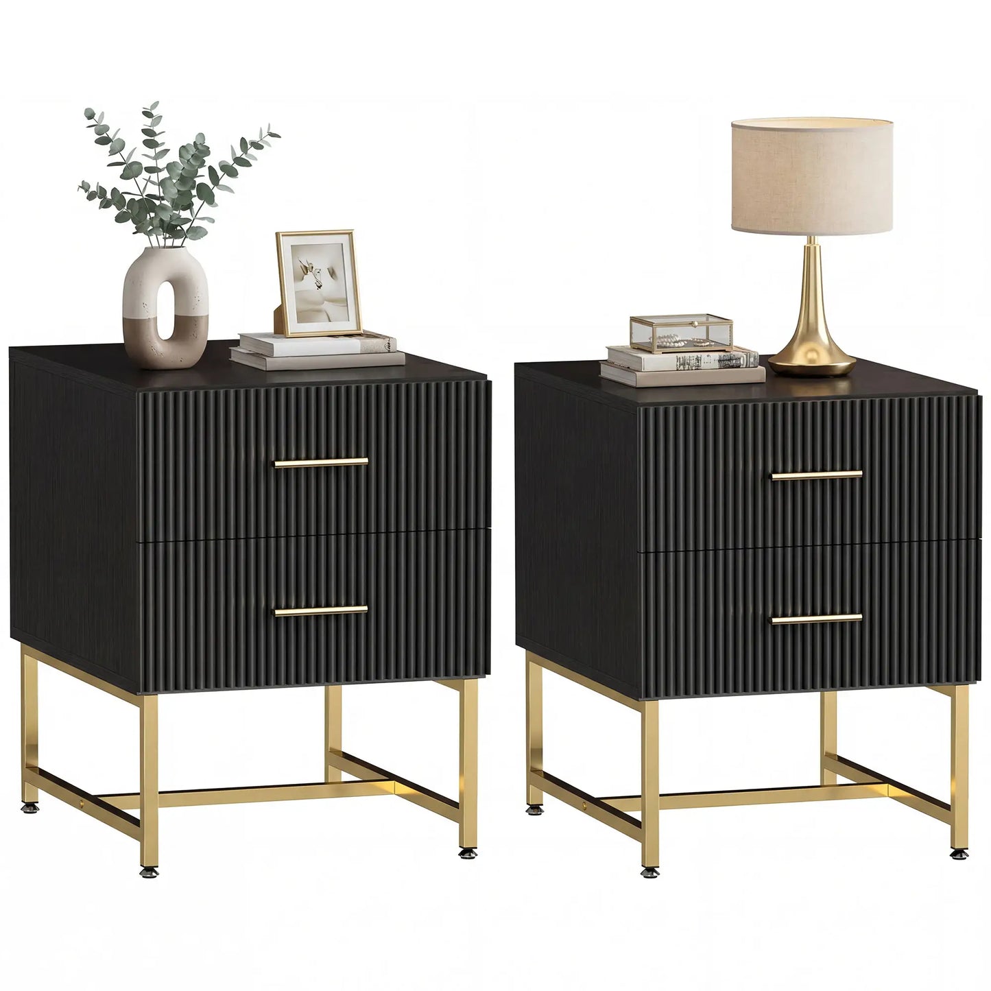 Modern Nightstands With Storage, 2 Fluted Drawers, Gold Legs, Black Bedside Tables at Gallery Canada