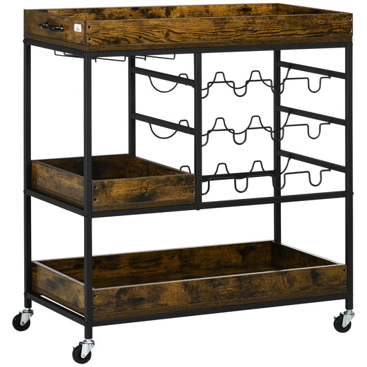 3-Tier Kitchen Cart on Wheels with Handles Wine Racks Glass Holders Rustic Brown at Gallery Canada
