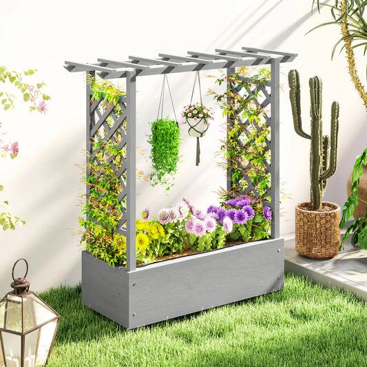 Wooden Raised Garden Bed with Trellis, Outdoor Planter Box, Drainage Holes Raised Garden Beds Grey at Gallery Canada