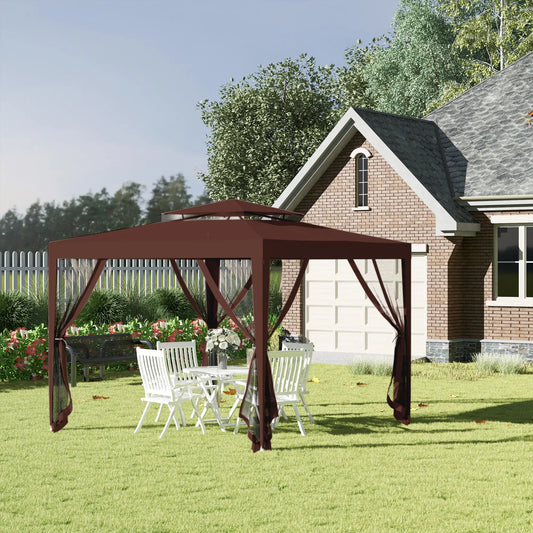 10' x 10' Outdoor Canopy Tent, Mesh Netting, Double Tier Roof, Brown Gazebos Brown at Gallery Canada