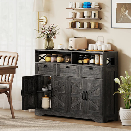 Sideboard Buffet Cabinet, 4 Barn Doors 3 Drawers, Coffee Bar, Adjustable Shelves, Dark Brown Bar Cabinets Dark Brown at Gallery Canada