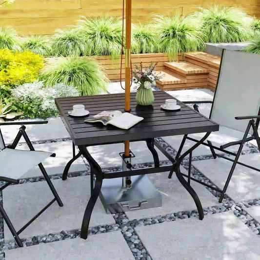 37" Square Outdoor Dining Table, Galvanized Steel, Slatted Top, Black Patio Dinning Tables Black at Gallery Canada