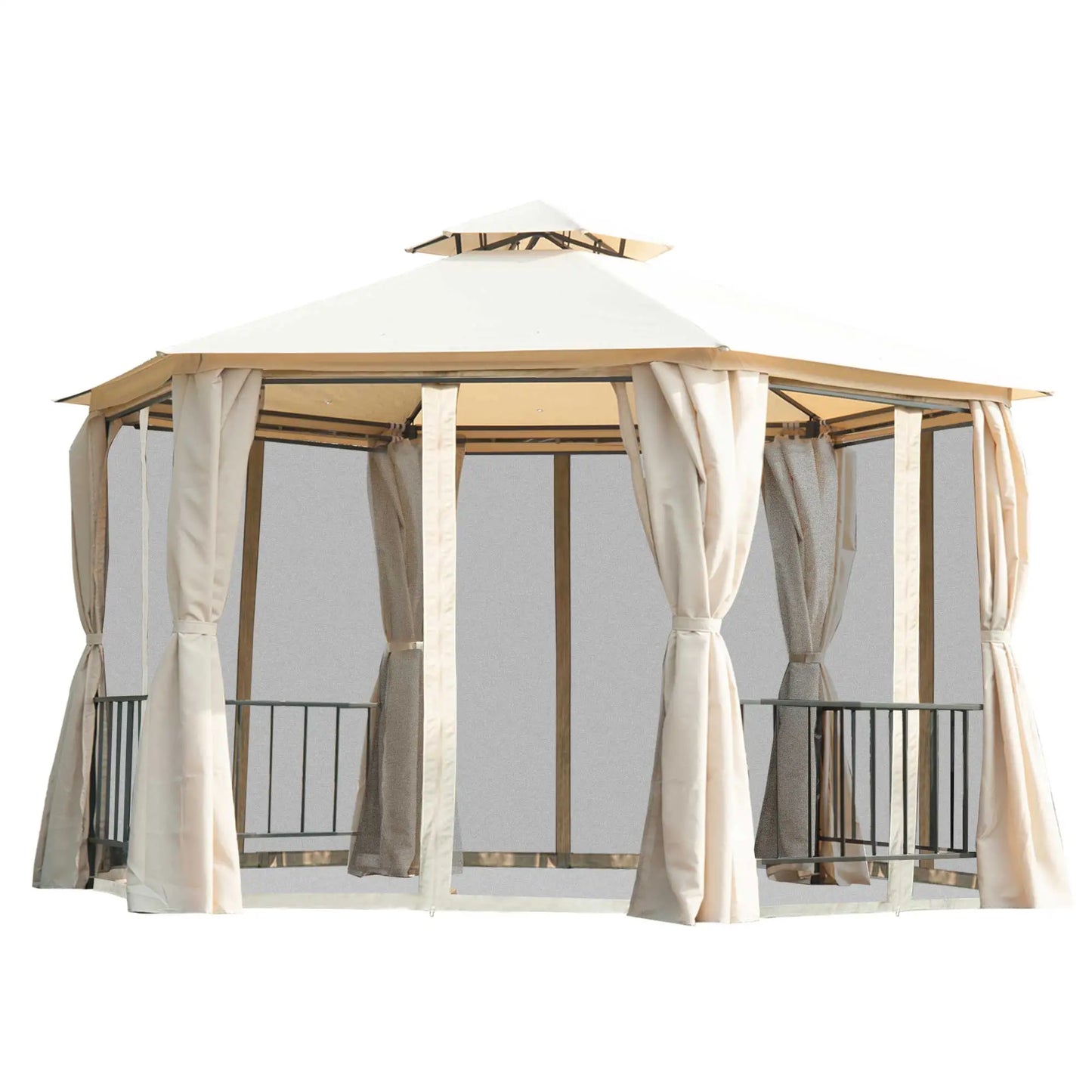 13ft Hexagon Gazebo, Outdoor Canopy Shelter, Netting, Shaded Curtains, Beige