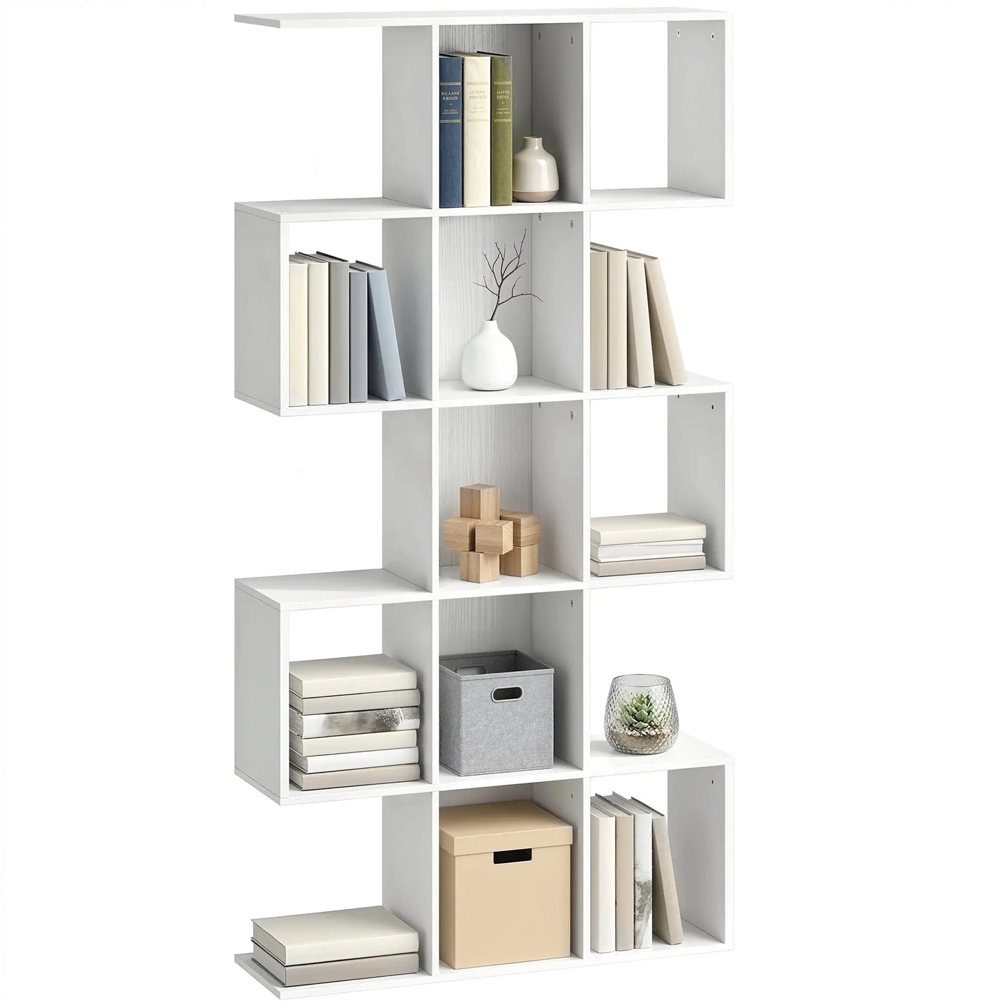 S-Shaped 5-Tier Bookshelf, 15 Compartments, White Wood Grain, White Display Bookshelves at Gallery Canada