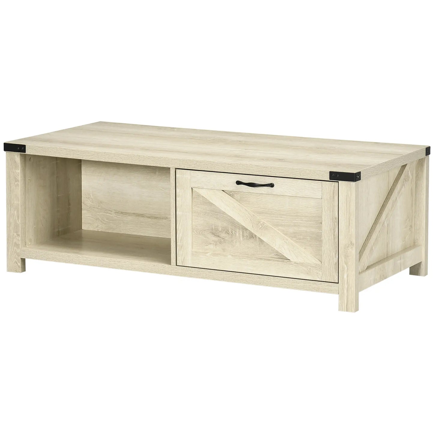 Industrial Coffee Table with Drawer, Open Shelf, White Oak, White Coffee Tables at Gallery Canada