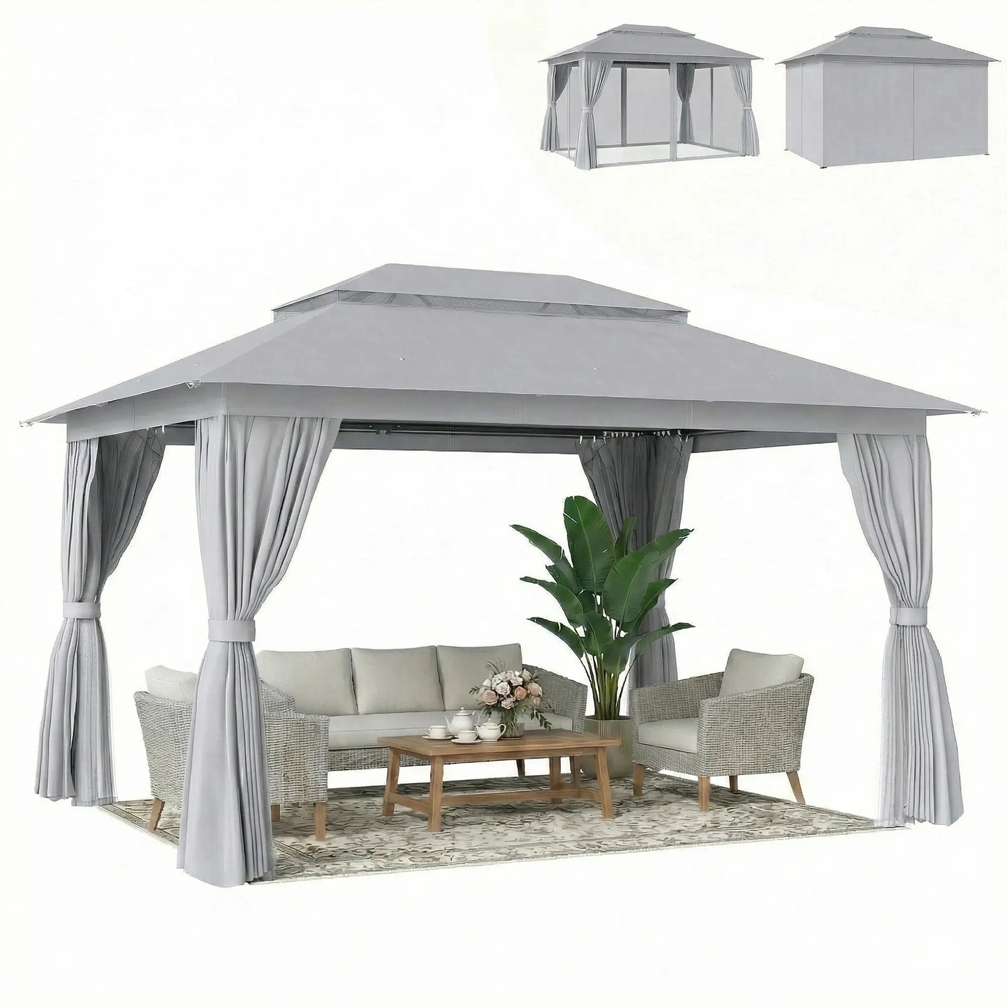 10' x 13' Patio Gazebo, UPF50+ Double Roof, Steel Frame, Dark Grey Gazebos at Gallery Canada