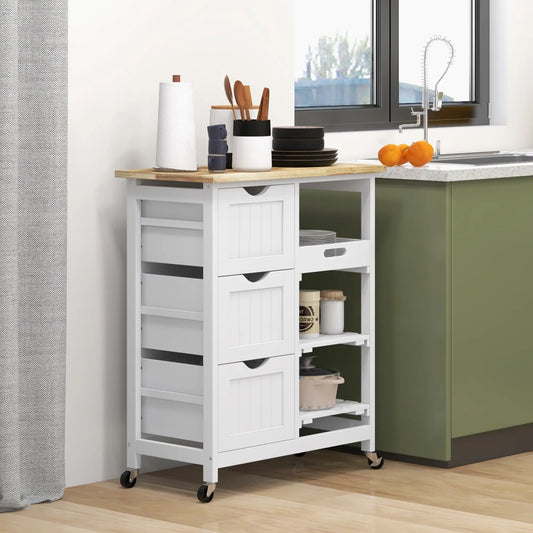 Kitchen Cart on Wheels, Wood Top, 3 Drawers, Shelves, Dining Kitchen Islands & Kitchen Carts White at Gallery Canada