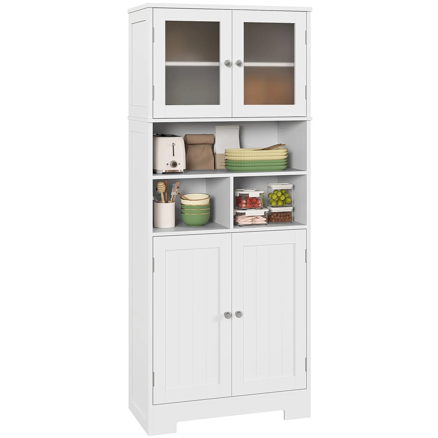 57" Kitchen Pantry, Freestanding Cabinet, Glass Doors, Adjustable Shelves, White Kitchen Pantry Cabinets at Gallery Canada