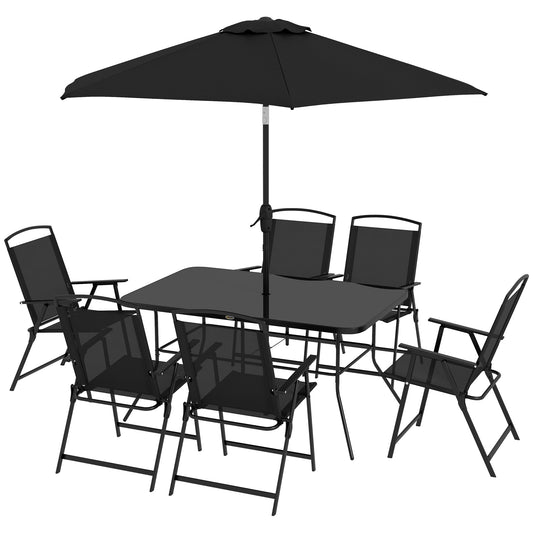 8 Piece Patio Set with Umbrella, 6 Folding Chairs, Rectangle Table, Outdoor Dining Set for 6 with Mesh Seat, Black
