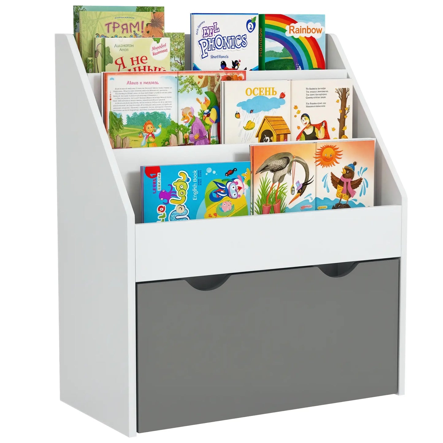 Kids Bookshelf, 3 Tier Display Shelves with Drawer, Grey Baby & Kids Storage at Gallery Canada