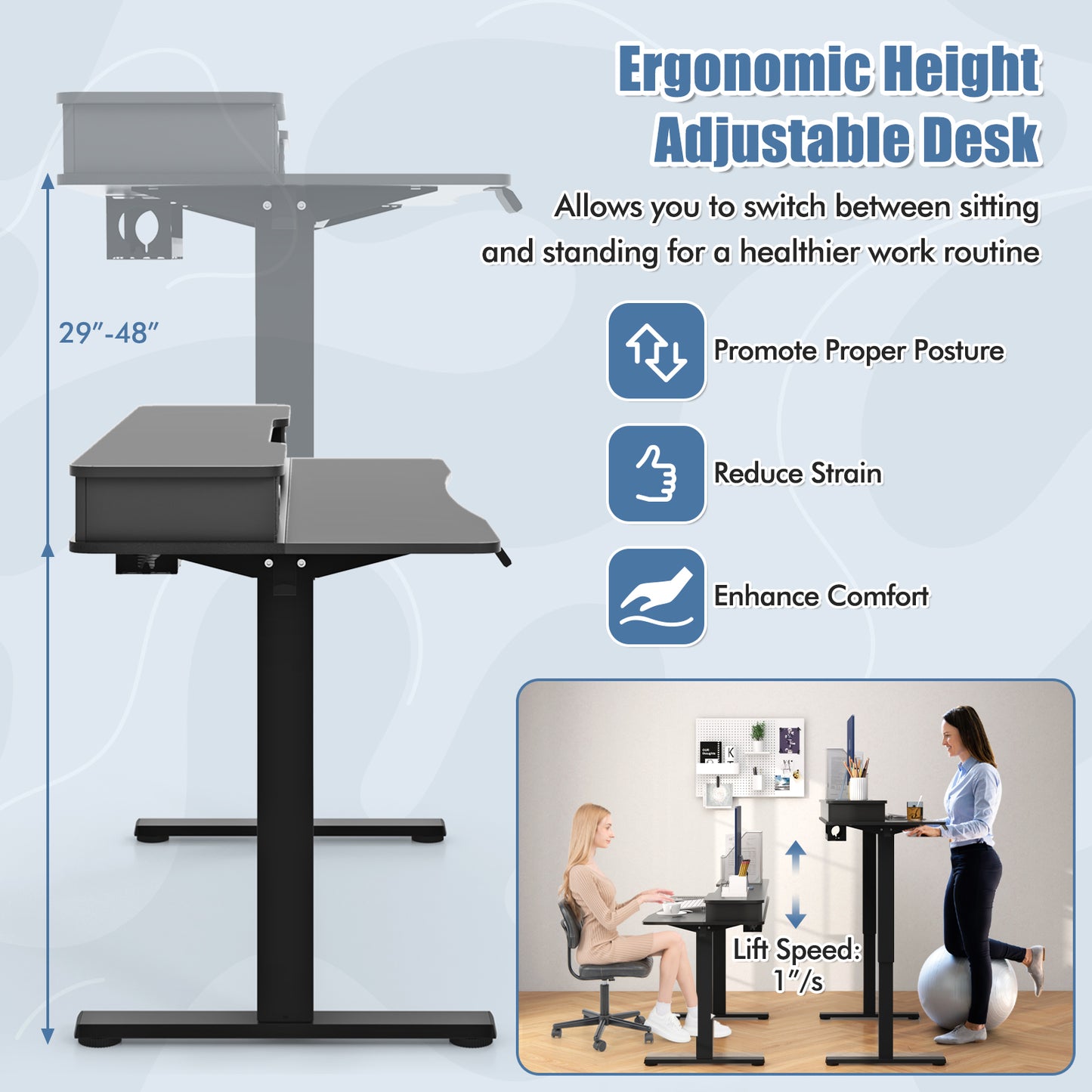 Electric Height Adjustable Standing Desk, Drafting Chair Set, Storage Drawers Home Office at Gallery Canada