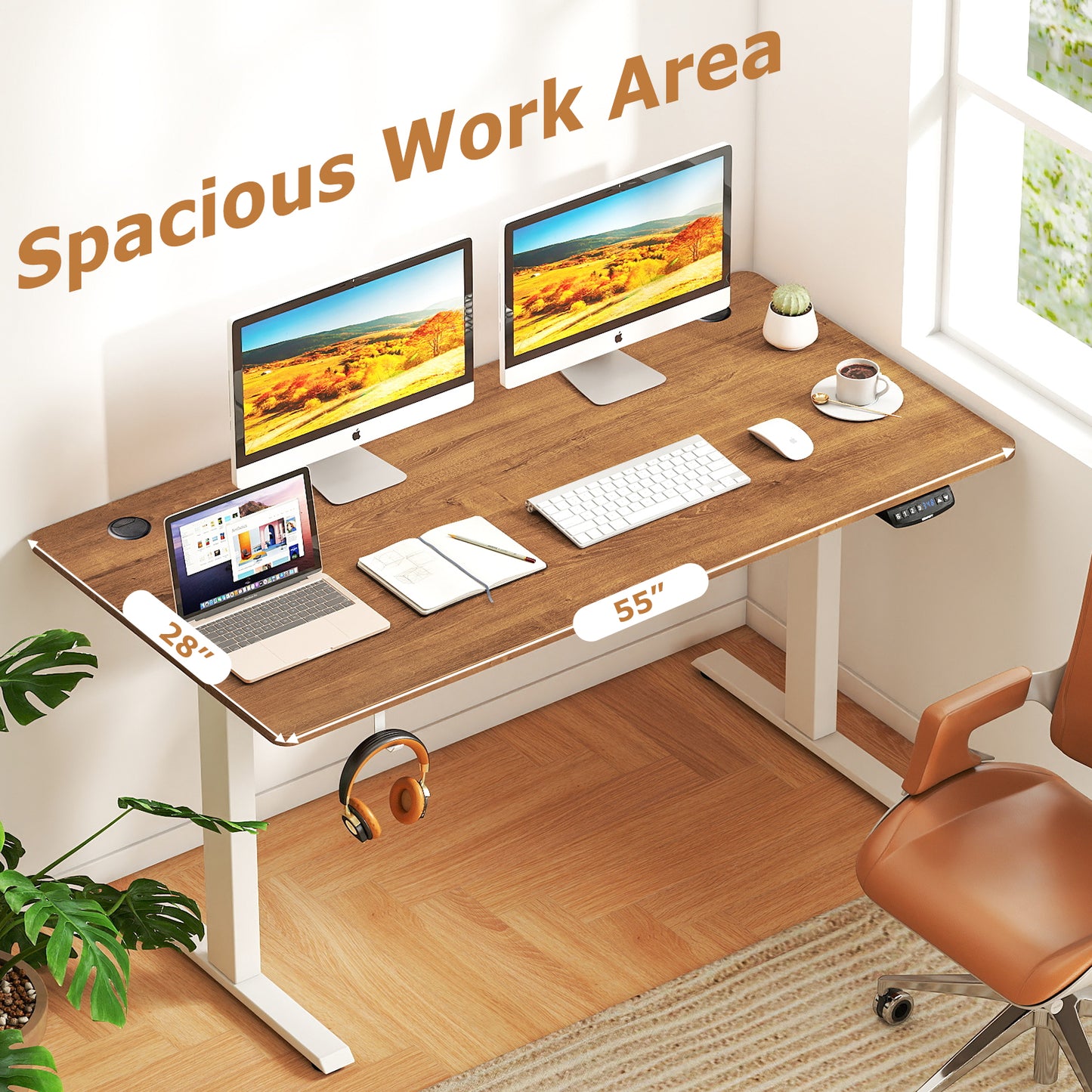 Electric Standing Desk, Height Adjustable, 3 Memory Heights, Walnut Standing Desks at Gallery Canada