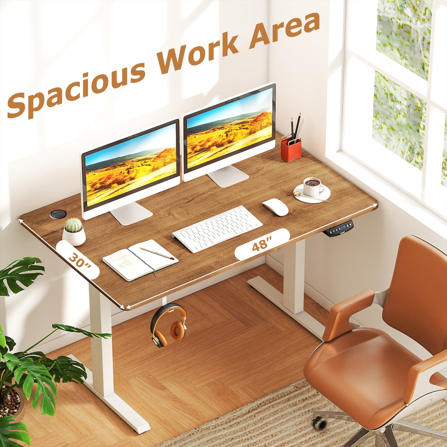 Electric Standing Desk, Adjustable Height, 3 Memory, Walnut Standing Desks at Gallery Canada