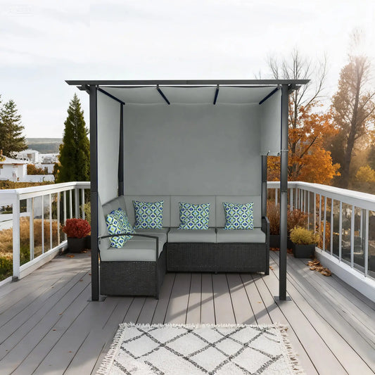 Outdoor PE Rattan Sofa Set, Retractable Canopy Pergola, Grey Patio Furniture Sets Black Frame, Grey Fabric, White and Green Pillow at Gallery Canada