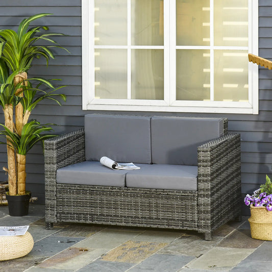 2 Seat Patio Loveseat, Wicker Sofa Chair, Outdoor Rattan Furniture, Grey Patio Furniture Sets Mixed Grey Rattan, Grey Cushion at Gallery Canada