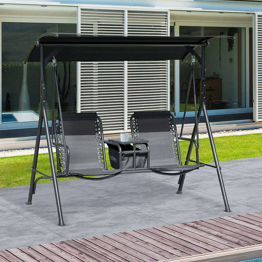 Balancelle pour 2 personnes avec table de rangement, porte-gobelet, auvent, noir