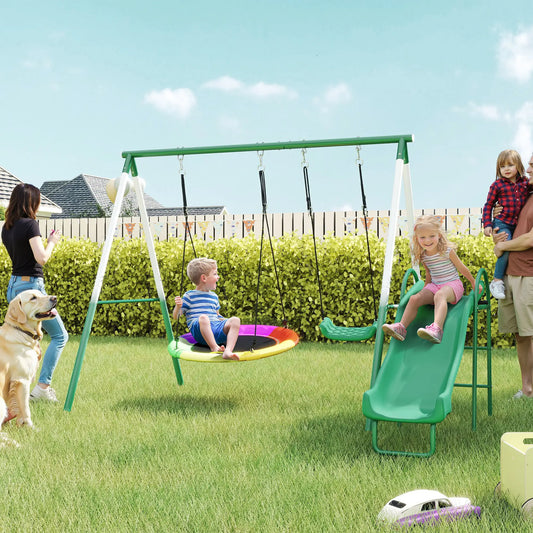 Metal Swing Set With Slide, Saucer Swing Seat, Dark Green