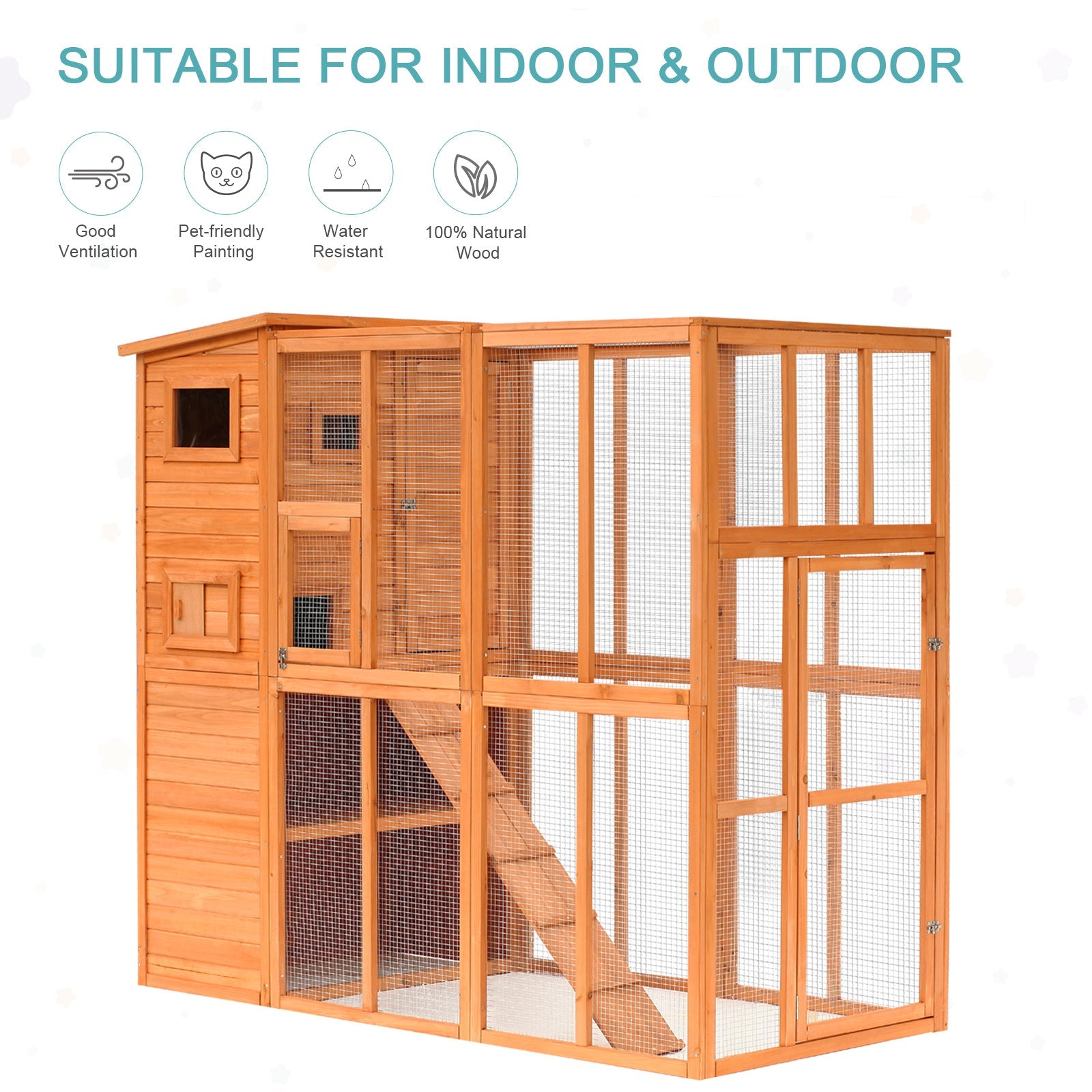 Large Wooden Outdoor Cat House with Large Run for Play, Catio for Lounging, and Condo Area for Sleeping, Natural at Gallery Canada