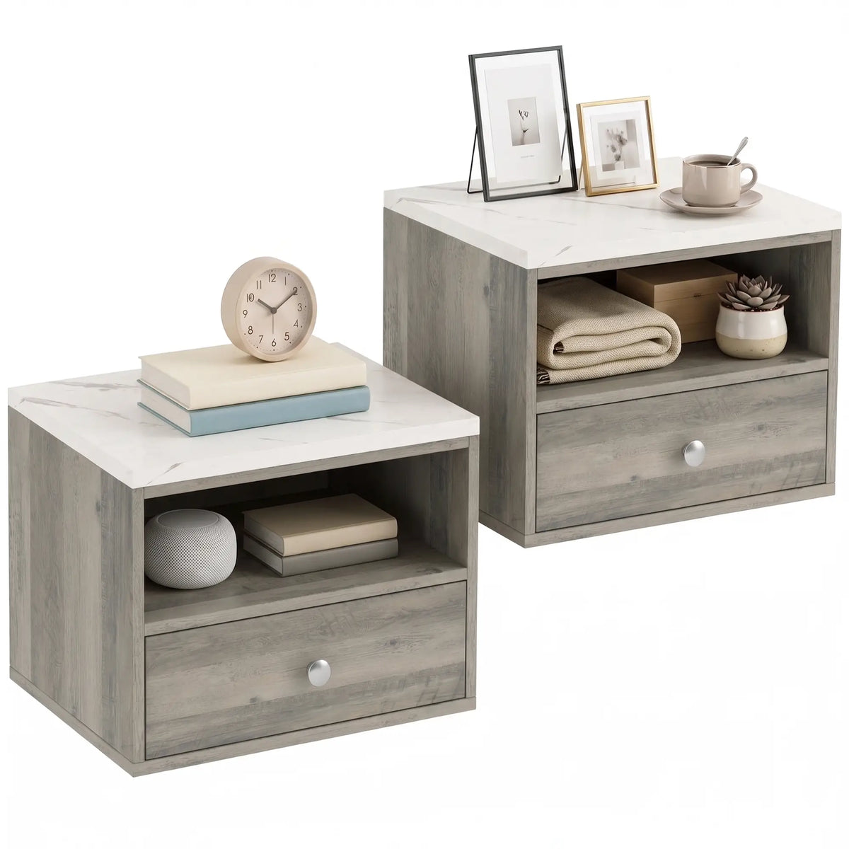 Ensemble de 2 tables de chevet flottantes, tiroir, plateau en marbre, naturel