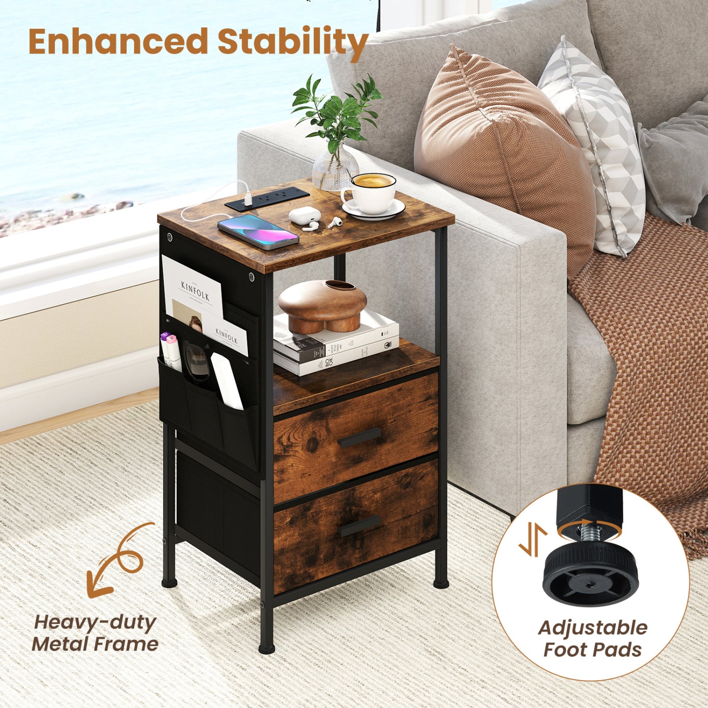 End Table With Charging Station, Set Of 2 Nightstands, 2 Folding Fabric Drawers Nightstands at Gallery Canada