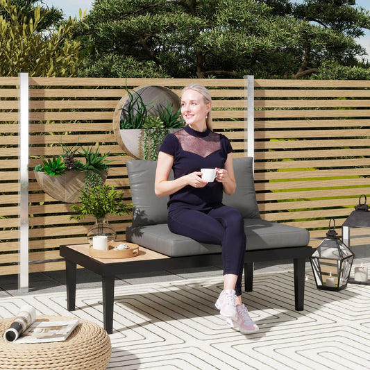 2 Seater Patio Sofa, Outdoor Couch with Wood Tray, Cushions, Grey Patio Chairs Black, Grey at Gallery Canada