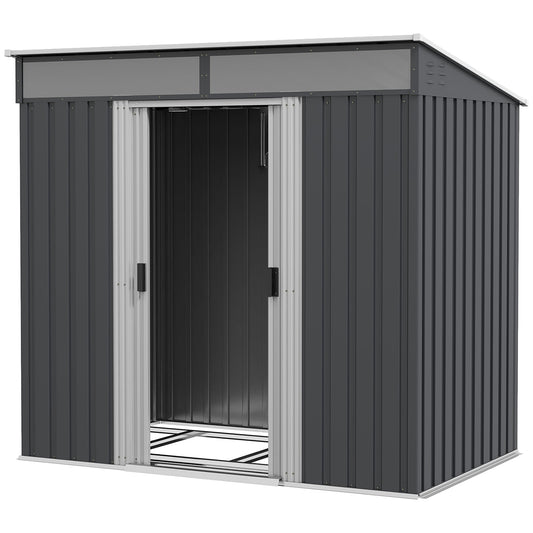 6.5x4FT Galvanised Metal Shed with Foundation, Lockable Garden Tool Storage House with Sliding Doors and 2 Vents, Grey - Gallery Canada