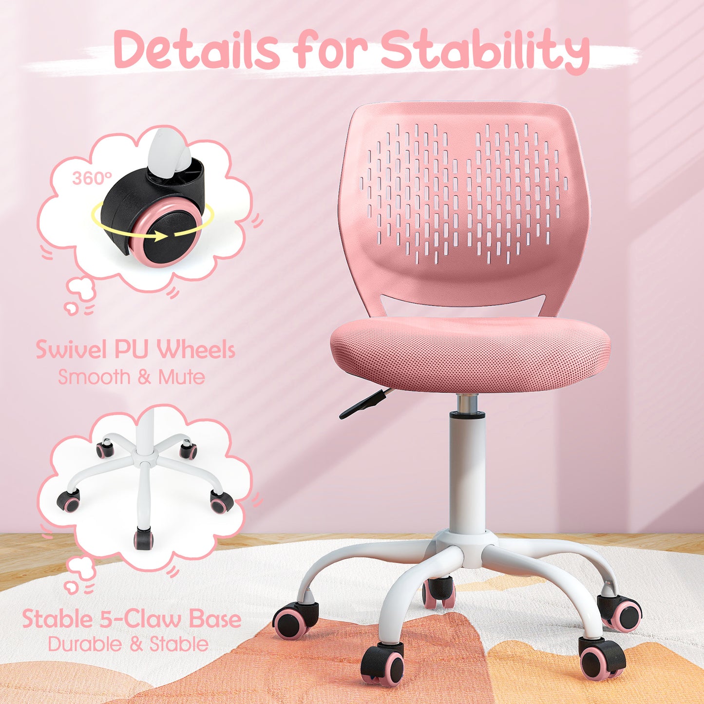 Ergonomic Children Study Chair with Adjustable Height, Light Pink Kids Chairs & Seating at Gallery Canada