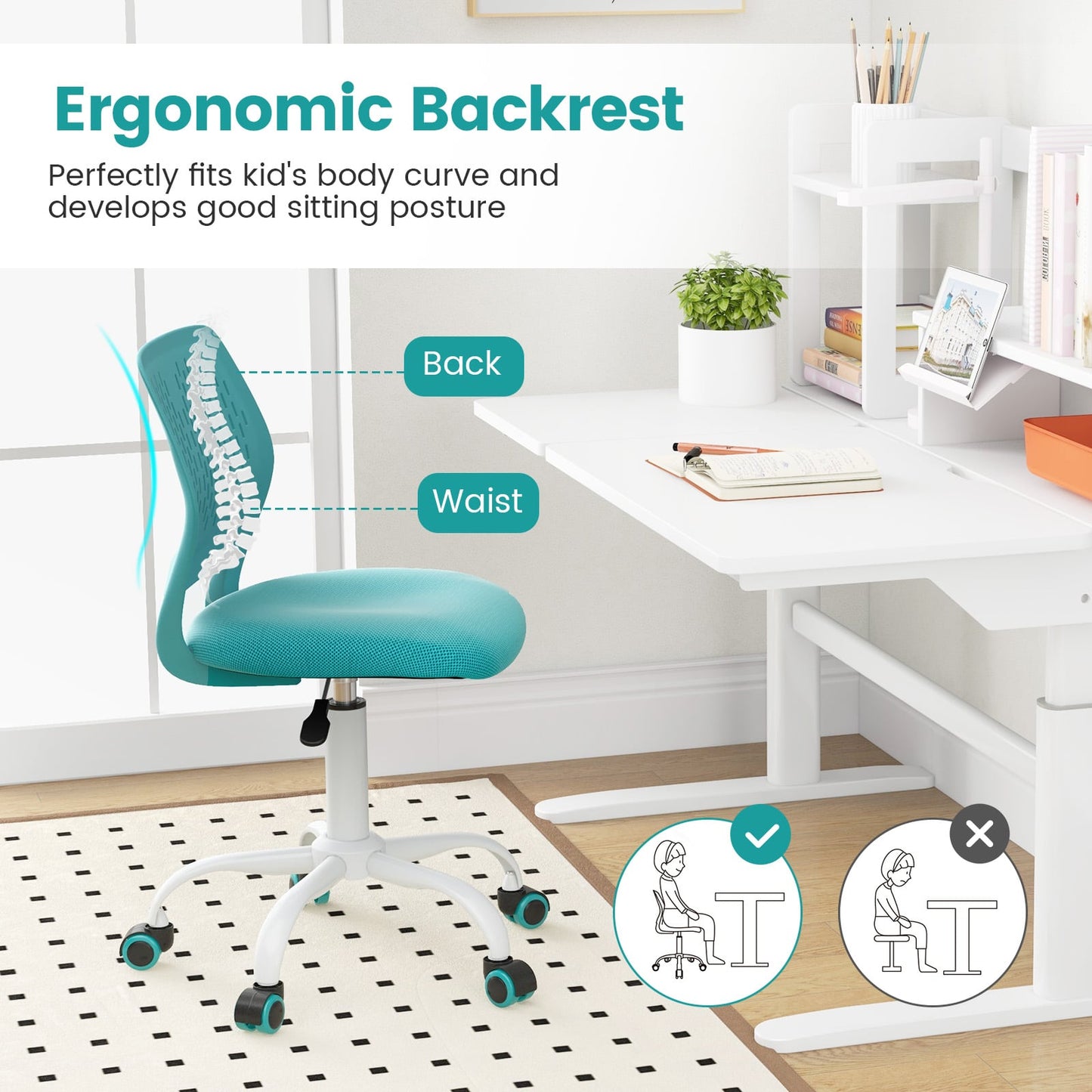 Adjustable Height Ergonomic Children Study Chair, Turquoise Kids Chairs & Seating at Gallery Canada